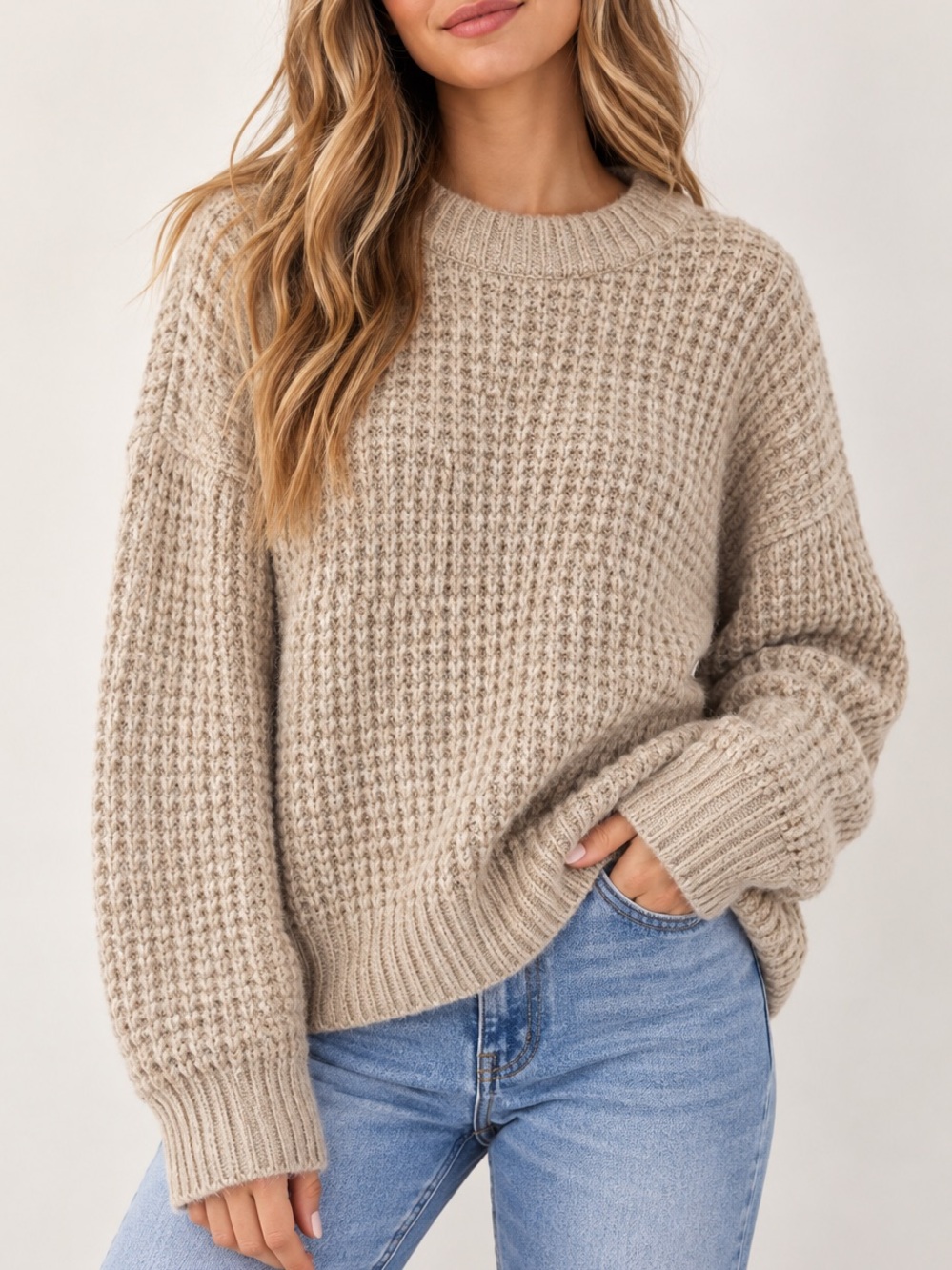 Zara Beige Waffle Knit Crewneck Sweater Oversized Chunky Long Sleeve Pullover